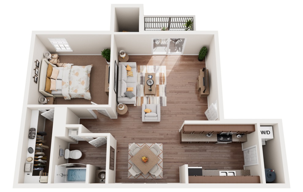 A6 - 1 bedroom floorplan layout with 1 bath and 651 square feet.
