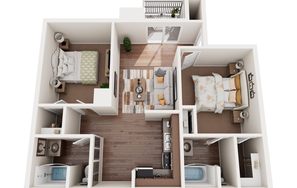 B1 - 2 bedroom floorplan layout with 2 baths and 886 square feet.
