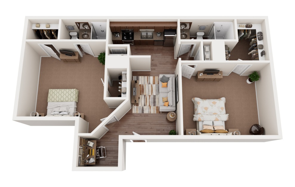 B2 - 2 bedroom floorplan layout with 2 baths and 917 square feet.