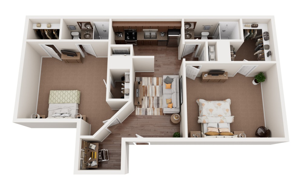 B3 - 2 bedroom floorplan layout with 2 baths and 935 square feet.
